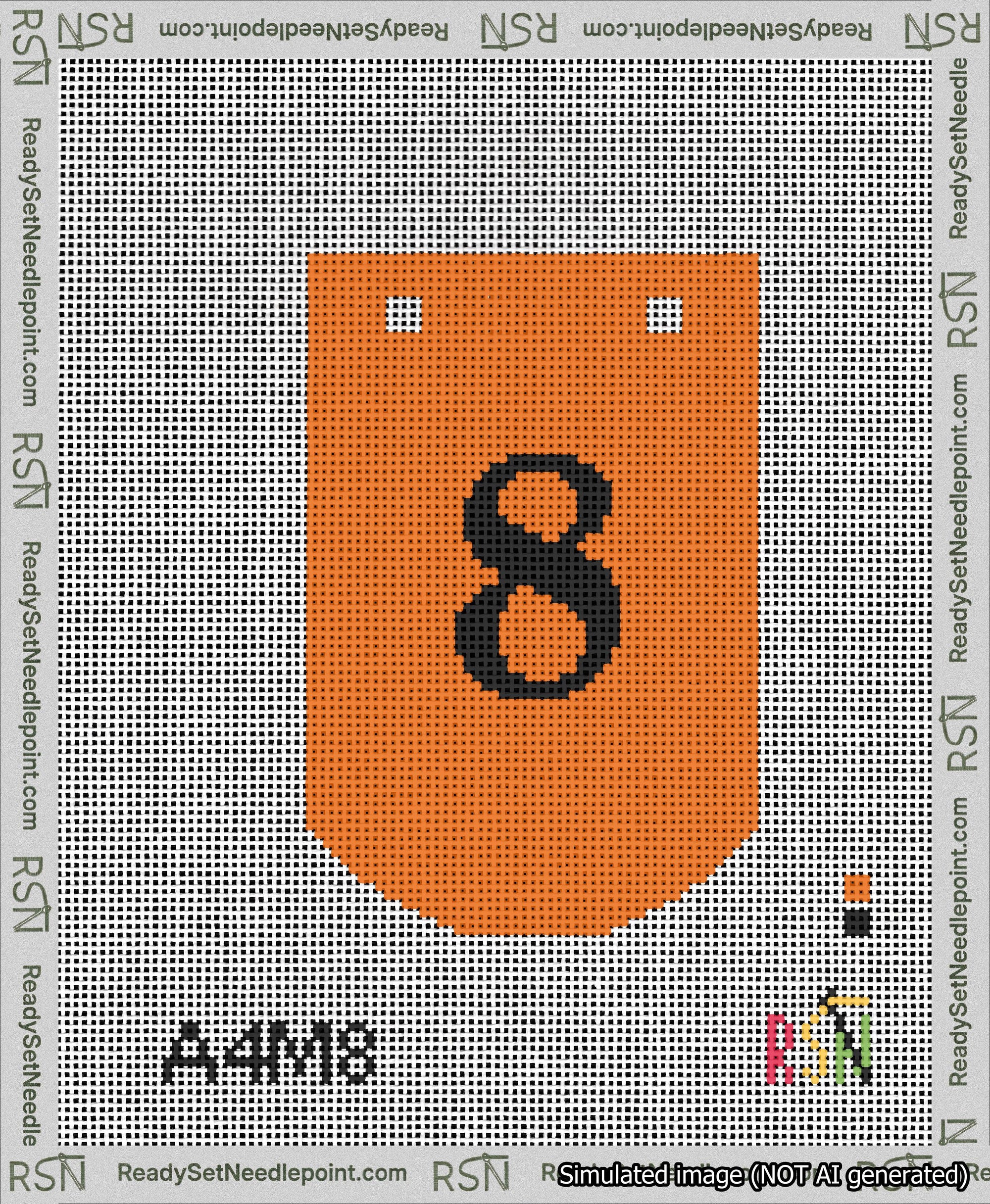 A taped needlepoint canvas with the design: Banner 13 mesh count Curved 8 Black on Orange.