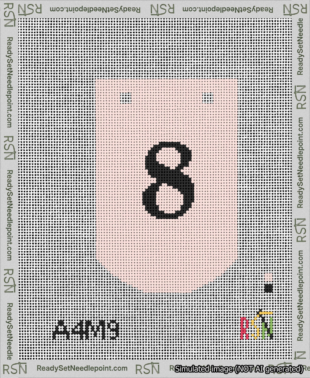 A taped needlepoint canvas with the design: Banner 13 mesh count Curved 8 Black on Pink.