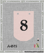 A taped needlepoint canvas with the design: Banner 13 mesh count Curved 8 Black on Pink.