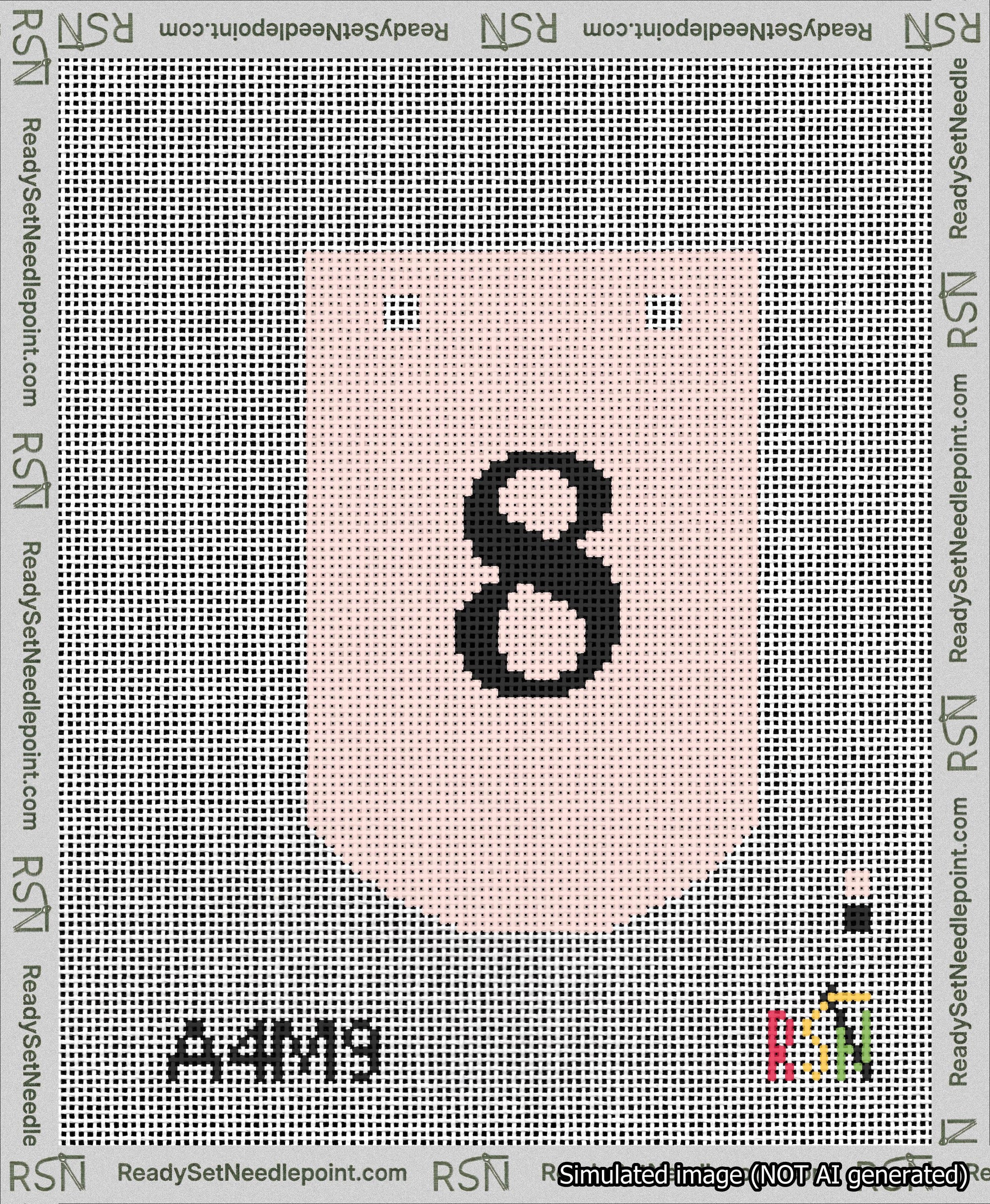 A taped needlepoint canvas with the design: Banner 13 mesh count Curved 8 Black on Pink.