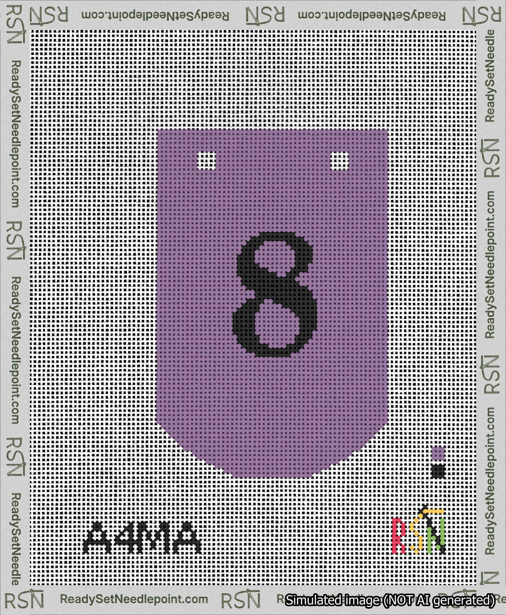 A taped needlepoint canvas with the design: Banner 13 mesh count Curved 8 Black on Purple.