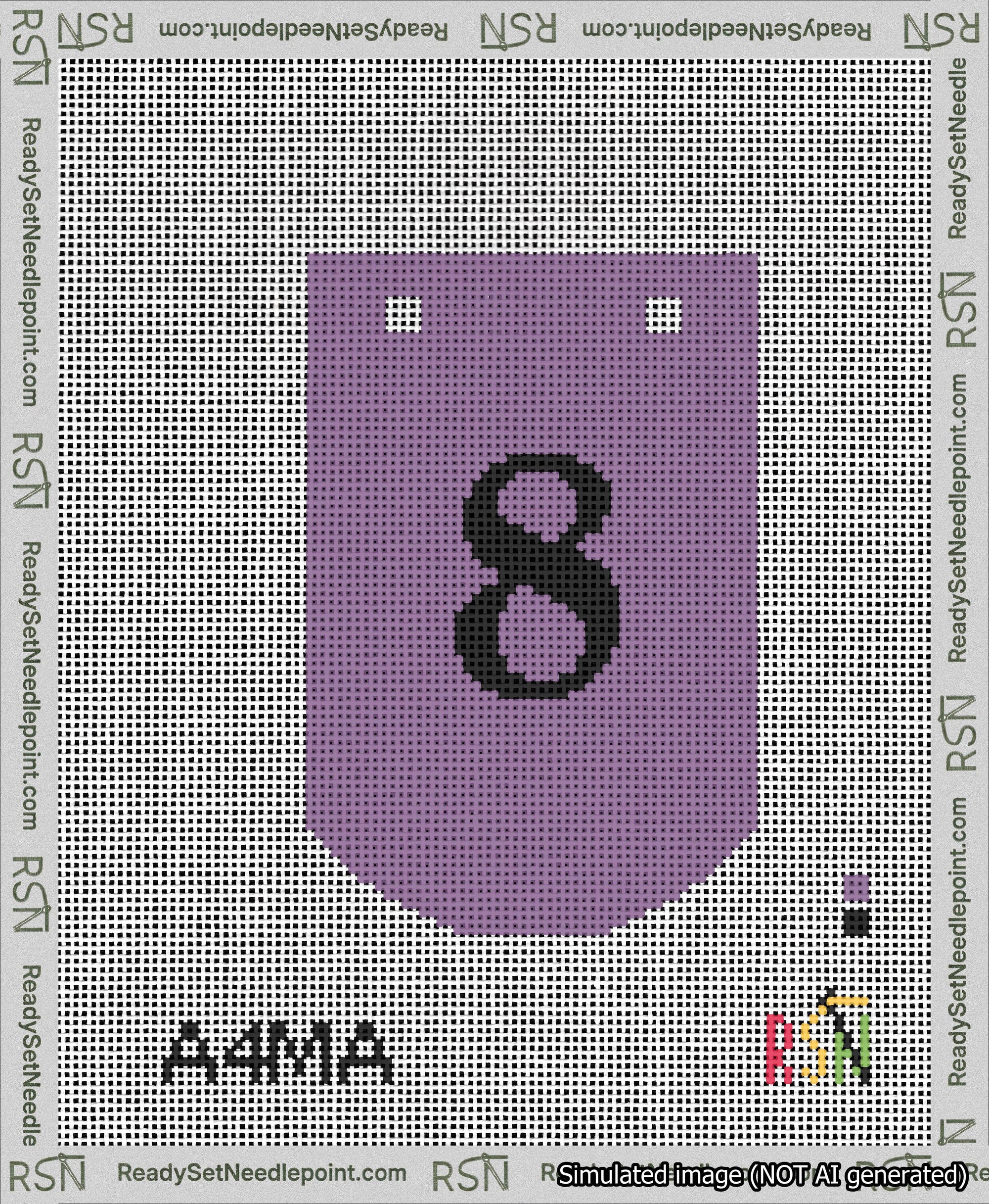 A taped needlepoint canvas with the design: Banner 13 mesh count Curved 8 Black on Purple.