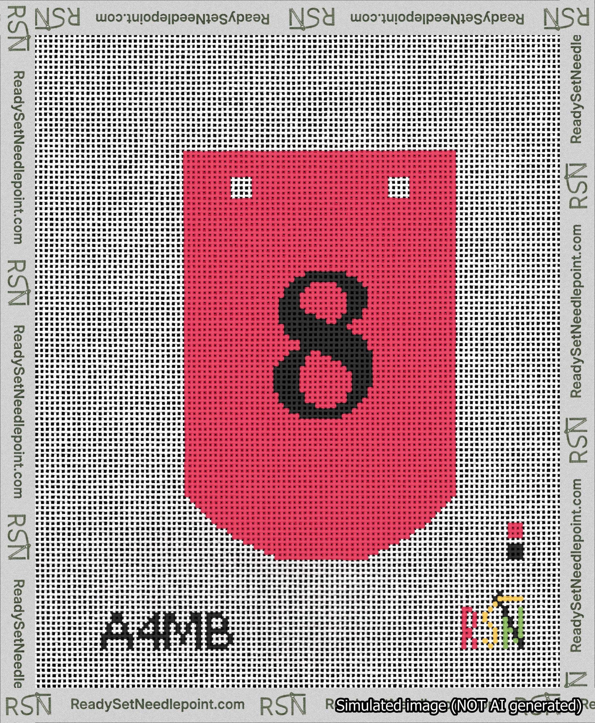 A taped needlepoint canvas with the design: Banner 13 mesh count Curved 8 Black on Red.