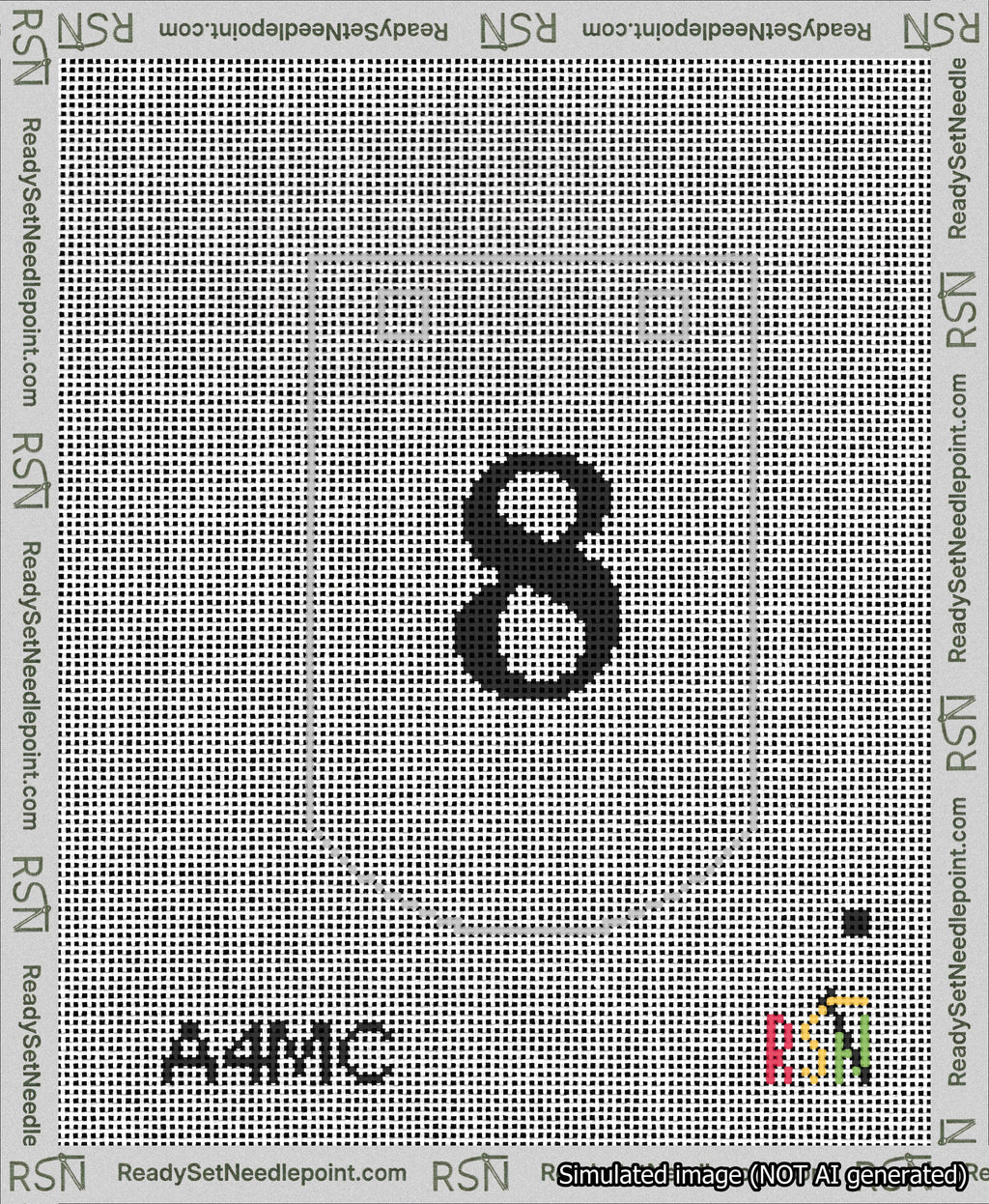 A taped needlepoint canvas with the design: Banner 13 mesh count Curved 8 Black on White.