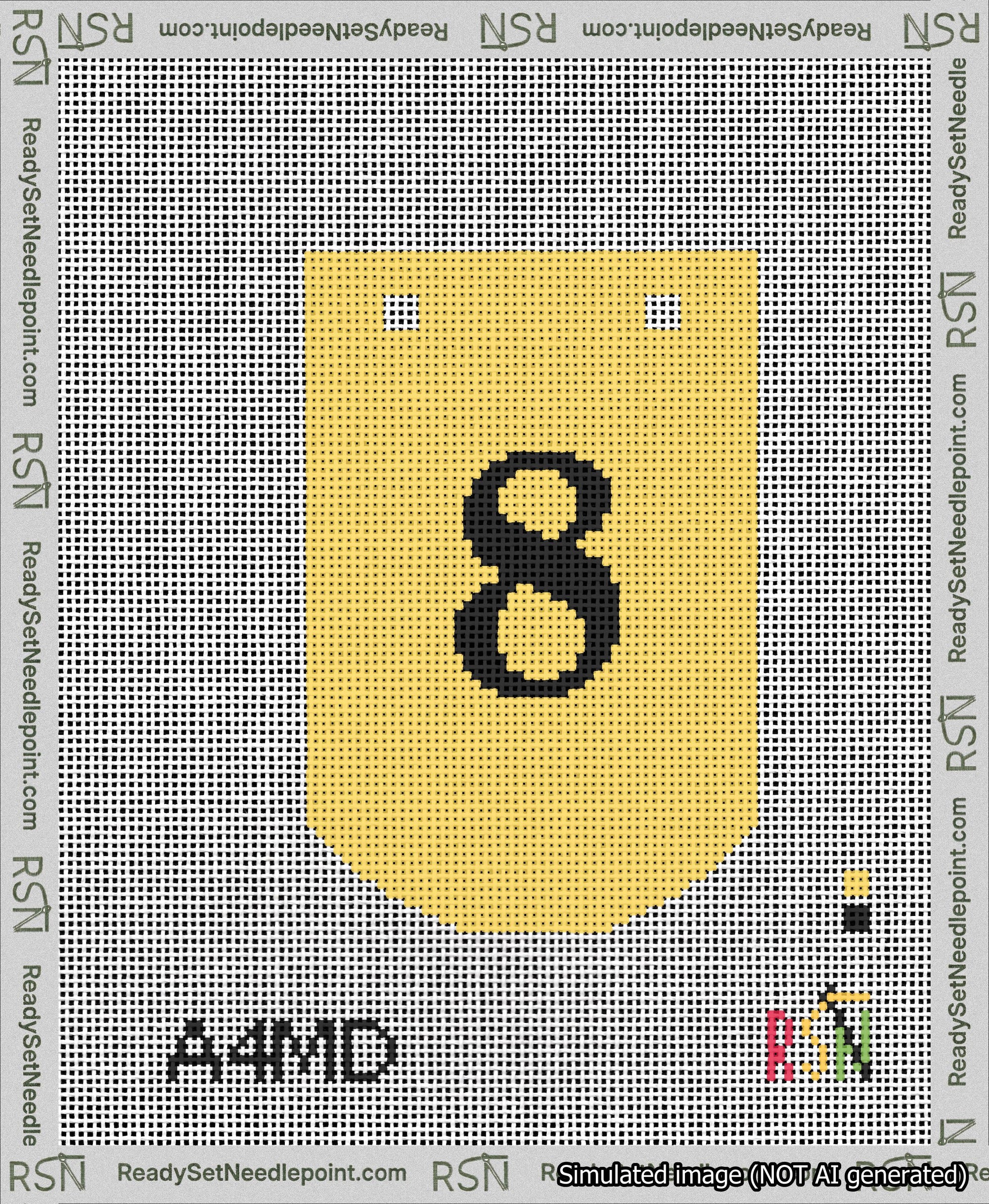 A taped needlepoint canvas with the design: Banner 13 mesh count Curved 8 Black on Yellow.