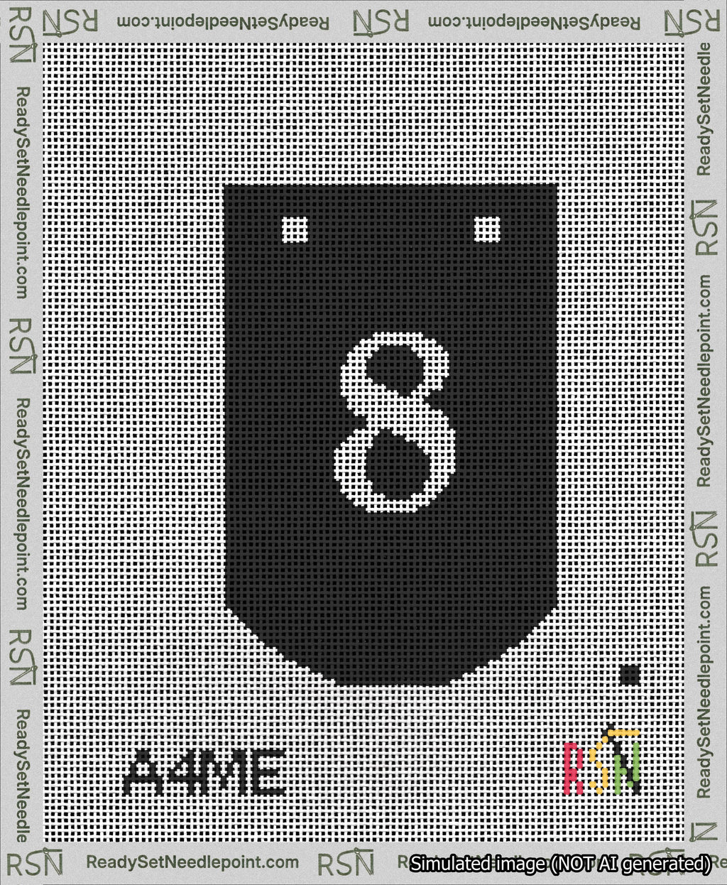 A taped needlepoint canvas with the design: Banner 13 mesh count Curved 8 White on Black.