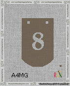 A taped needlepoint canvas with the design: Banner 13 mesh count Curved 8 White on Brown.