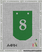 A taped needlepoint canvas with the design: Banner 13 mesh count Curved 8 White on Green.