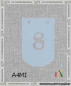A taped needlepoint canvas with the design: Banner 13 mesh count Curved 8 White on Light Blue.