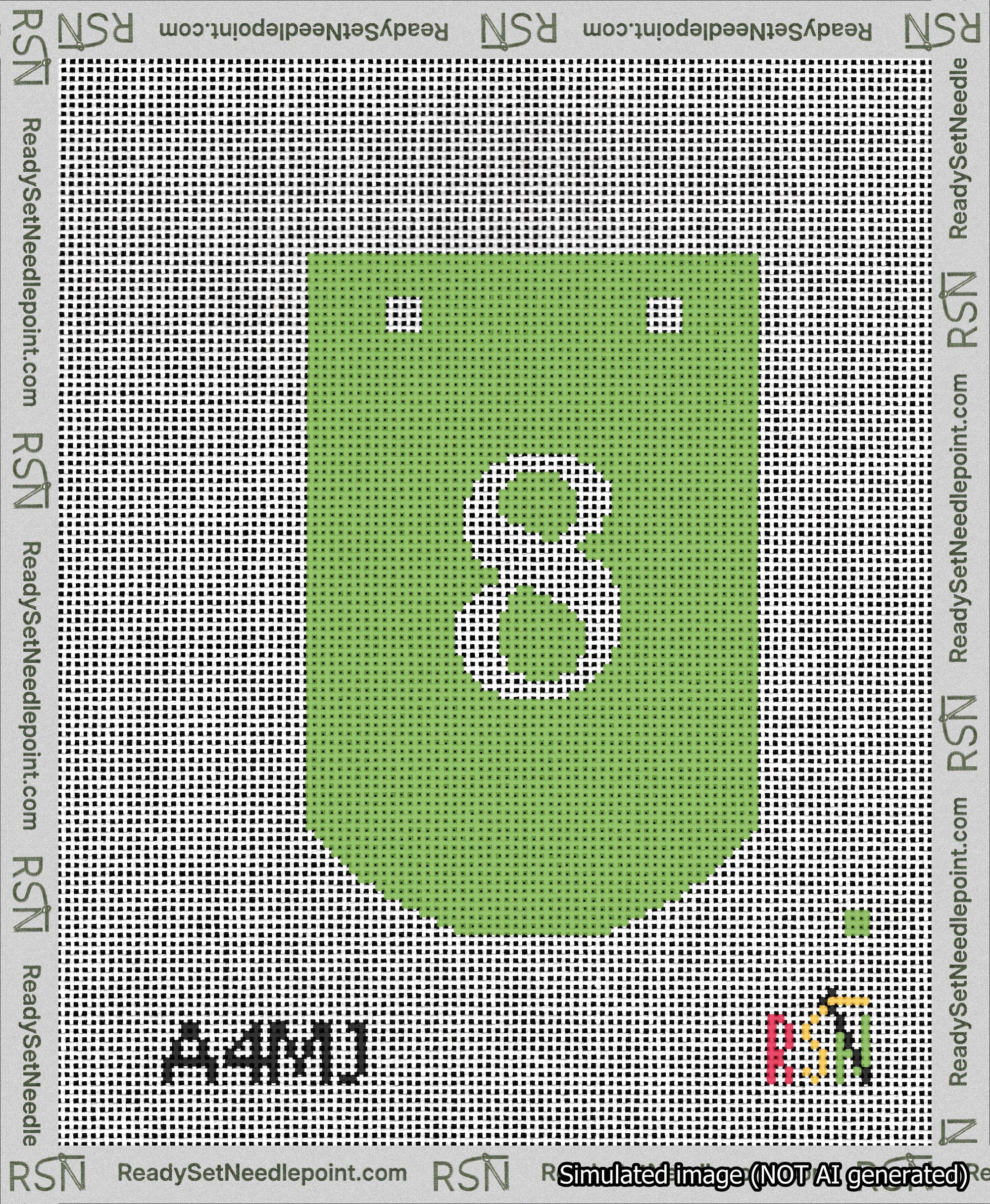 A taped needlepoint canvas with the design: Banner 13 mesh count Curved 8 White on Light Green.