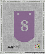 A taped needlepoint canvas with the design: Banner 13 mesh count Curved 8 White on Purple.