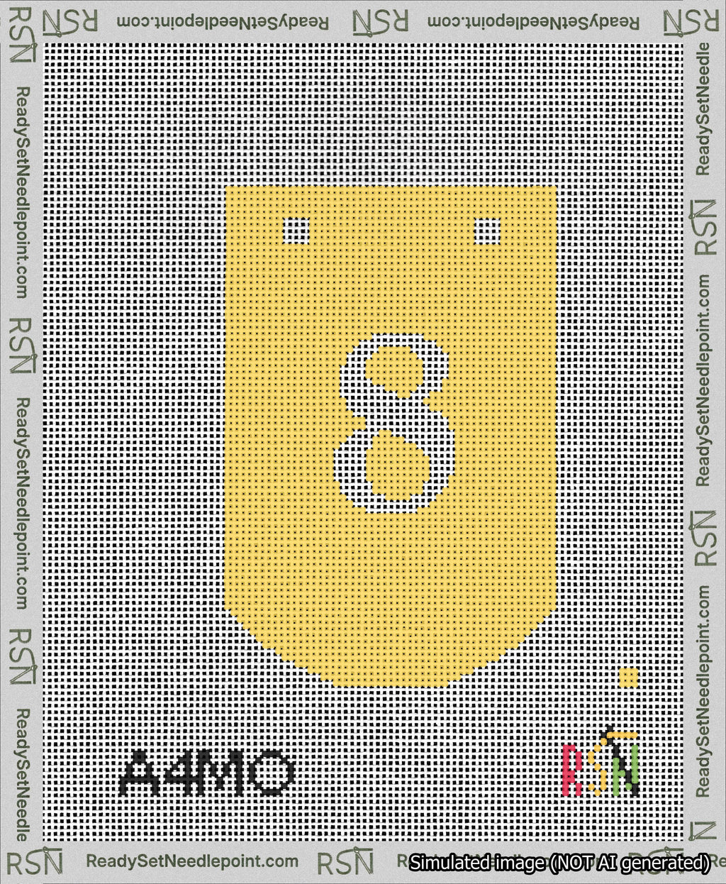 A taped needlepoint canvas with the design: Banner 13 mesh count Curved 8 White on Yellow.
