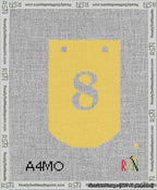 A taped needlepoint canvas with the design: Banner 13 mesh count Curved 8 White on Yellow.
