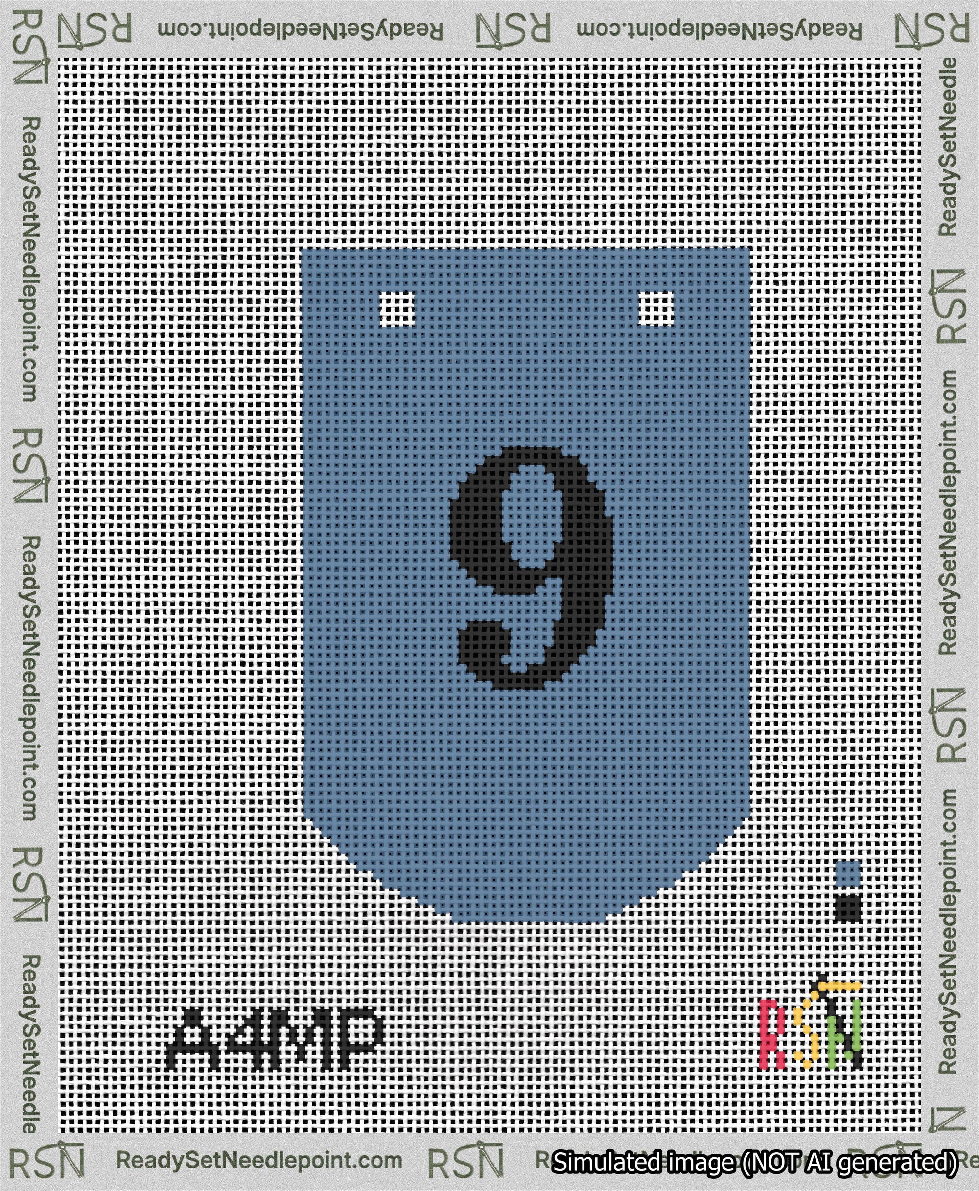 A taped needlepoint canvas with the design: Banner 13 mesh count Curved 9 Black on Blue.