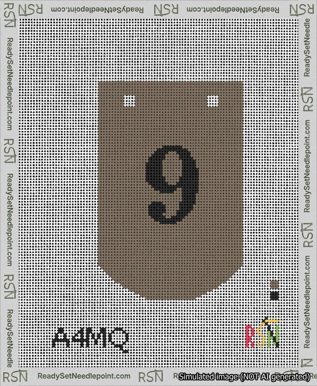 A taped needlepoint canvas with the design: Banner 13 mesh count Curved 9 Black on Brown.