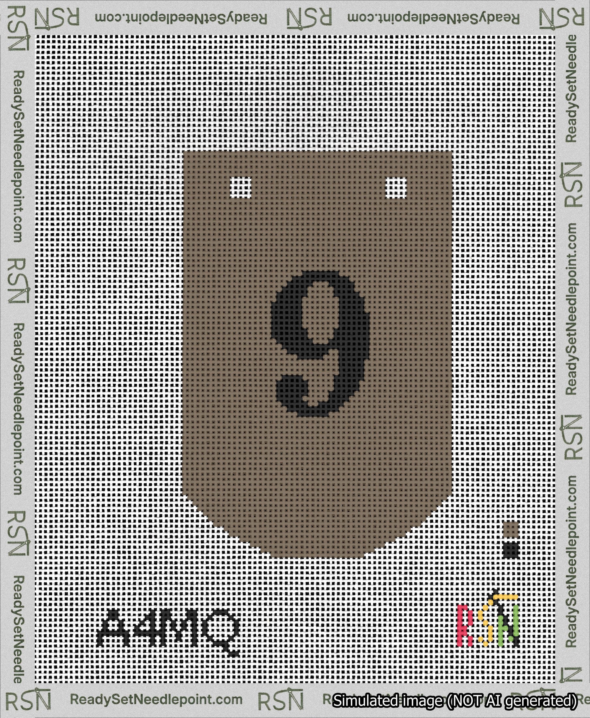A taped needlepoint canvas with the design: Banner 13 mesh count Curved 9 Black on Brown.