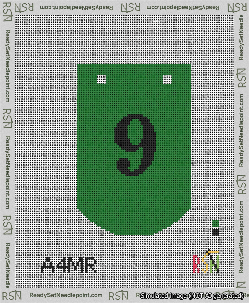 A taped needlepoint canvas with the design: Banner 13 mesh count Curved 9 Black on Green.