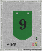 A taped needlepoint canvas with the design: Banner 13 mesh count Curved 9 Black on Green.