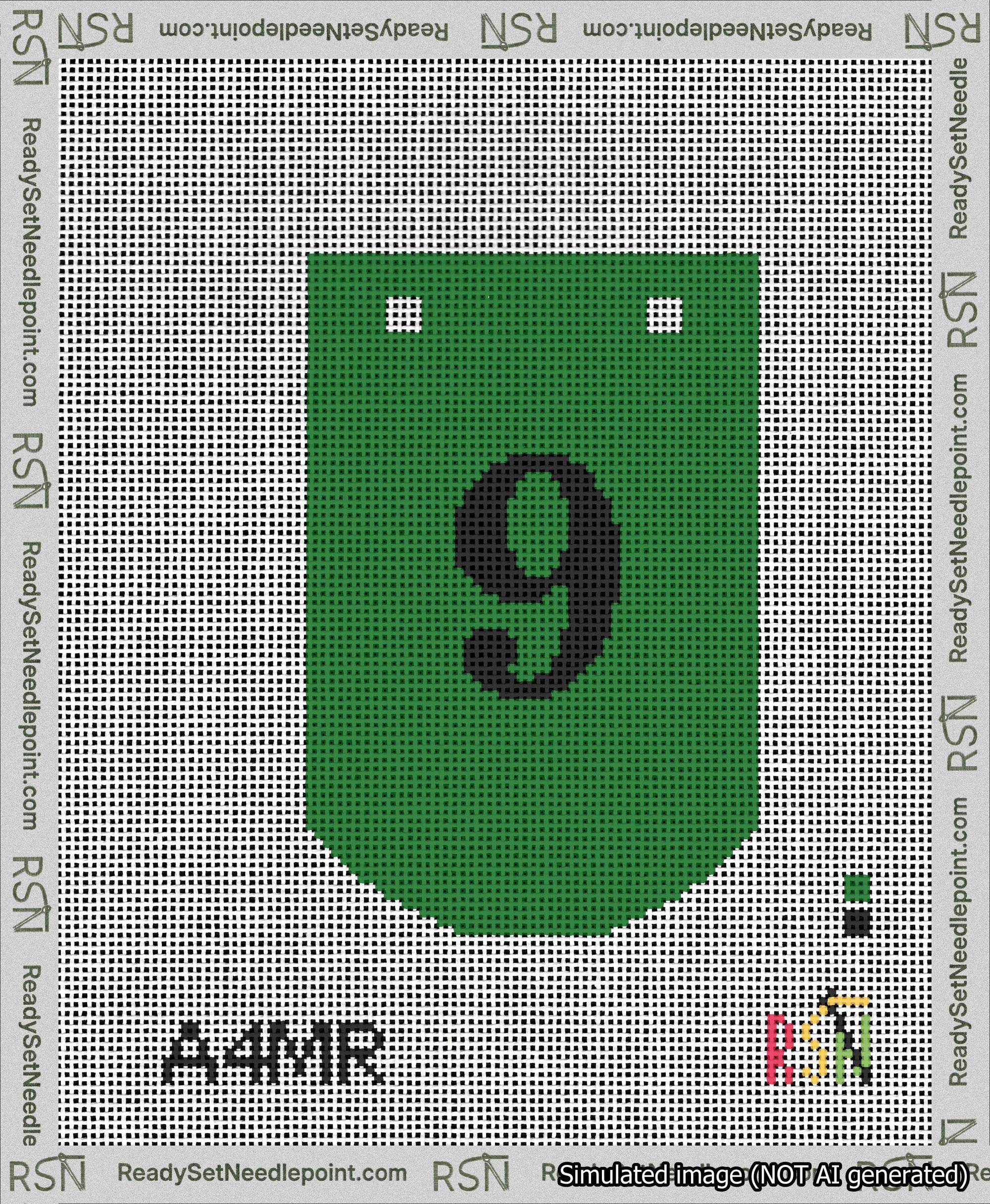 A taped needlepoint canvas with the design: Banner 13 mesh count Curved 9 Black on Green.