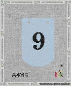 A taped needlepoint canvas with the design: Banner 13 mesh count Curved 9 Black on Light Blue.