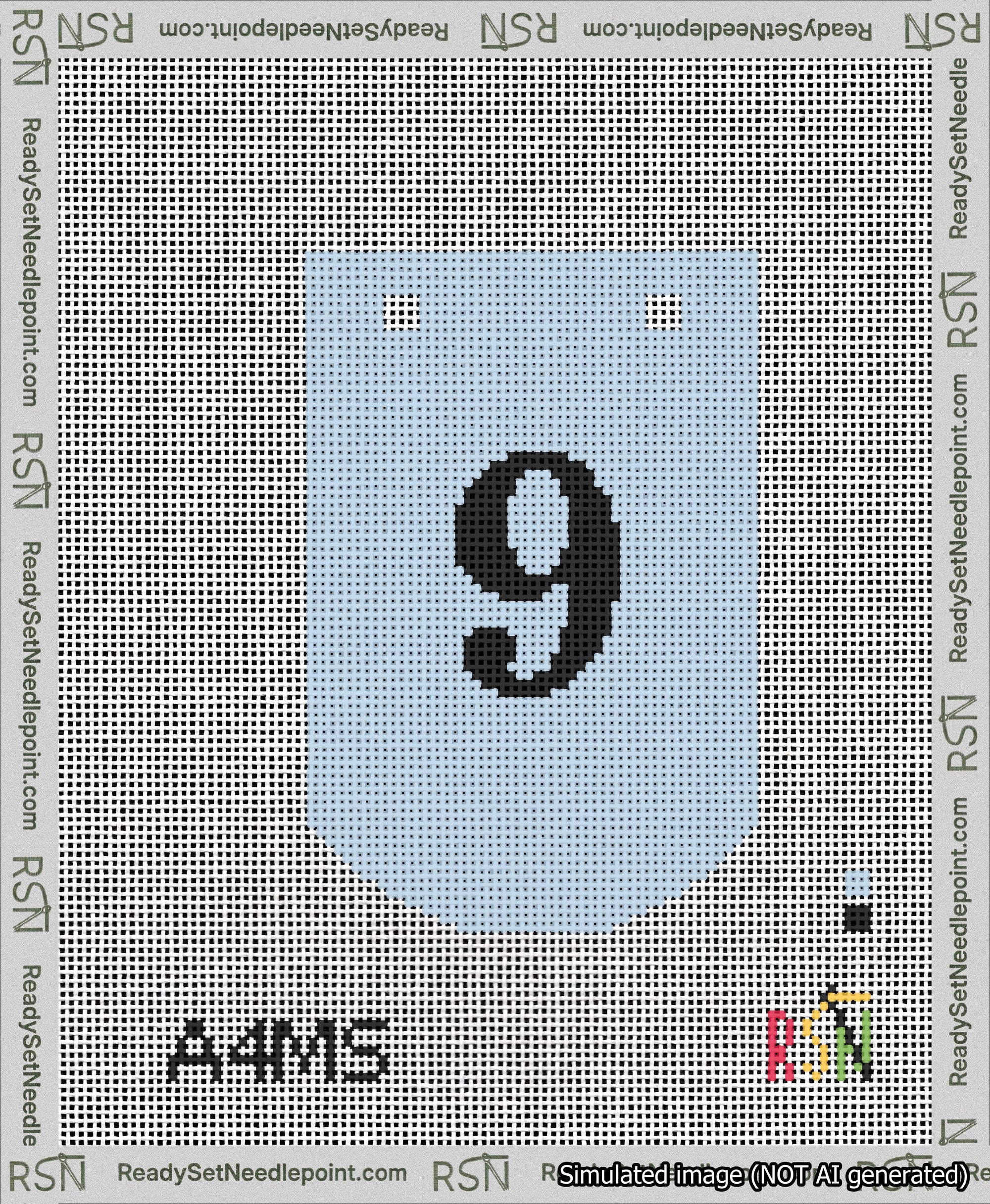 A taped needlepoint canvas with the design: Banner 13 mesh count Curved 9 Black on Light Blue.