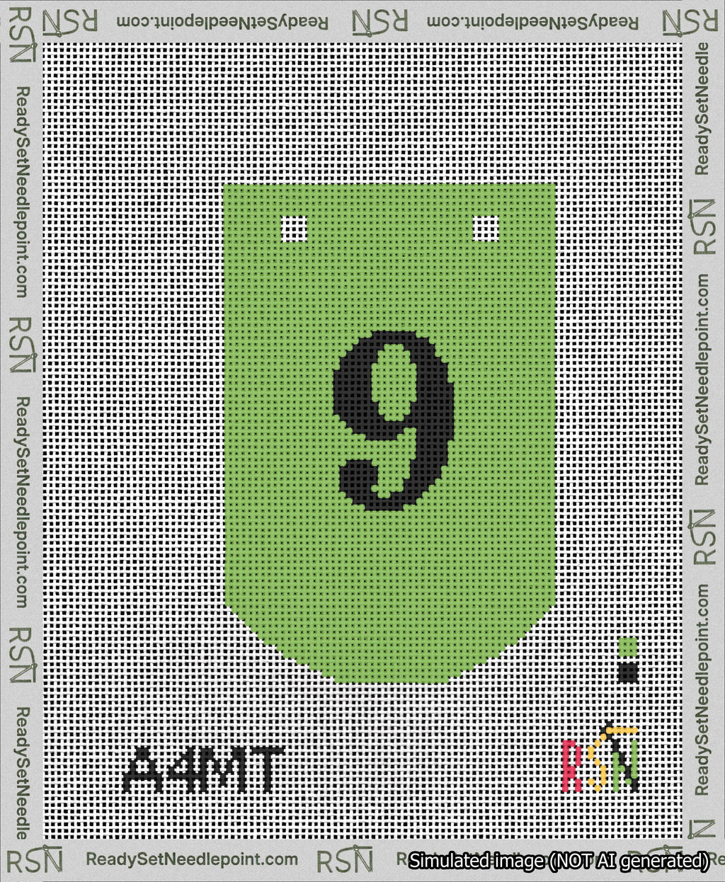 A taped needlepoint canvas with the design: Banner 13 mesh count Curved 9 Black on Light Green.