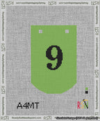 A taped needlepoint canvas with the design: Banner 13 mesh count Curved 9 Black on Light Green.