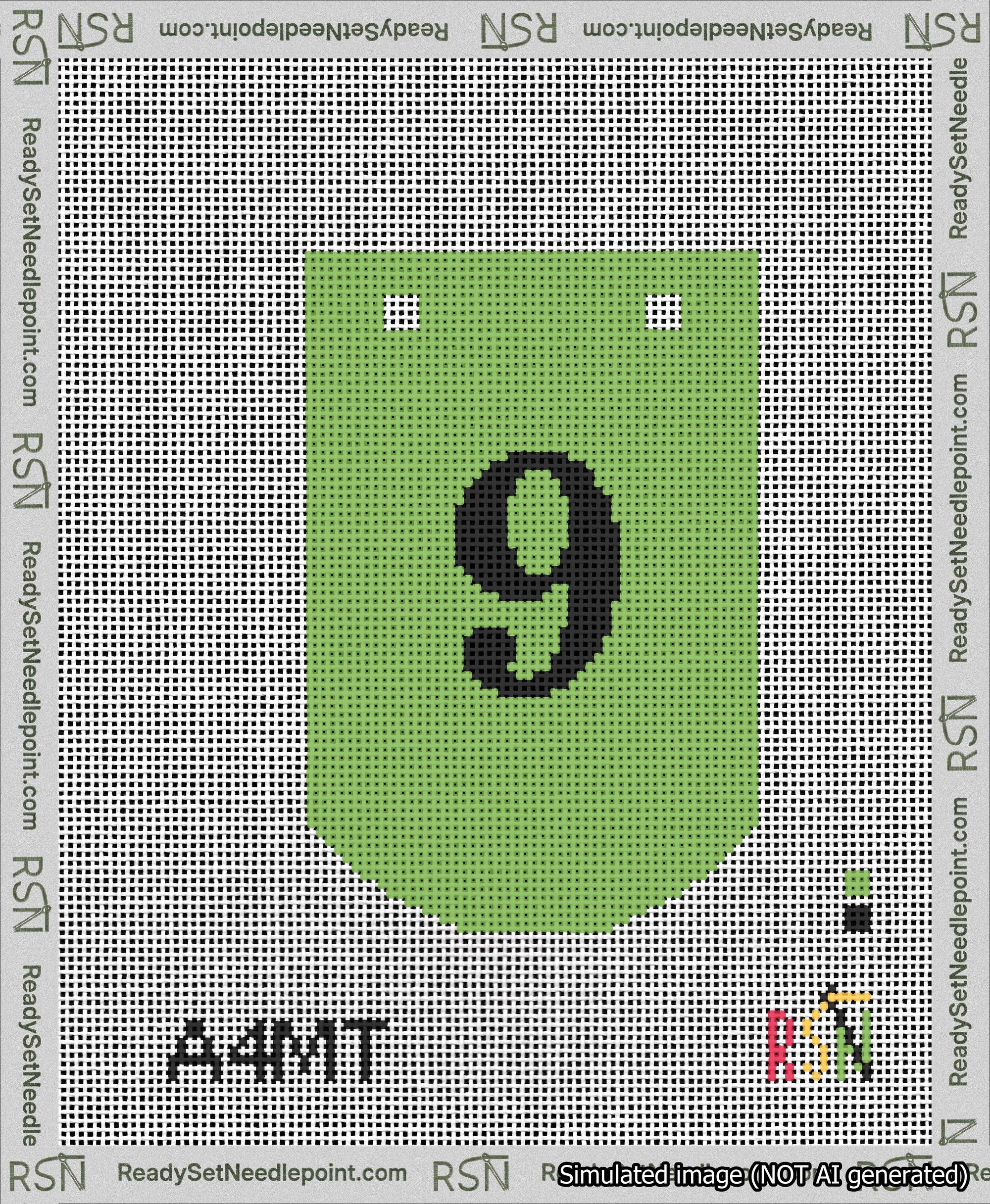 A taped needlepoint canvas with the design: Banner 13 mesh count Curved 9 Black on Light Green.