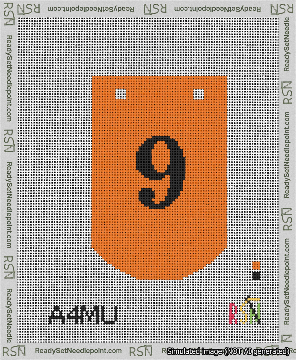 A taped needlepoint canvas with the design: Banner 13 mesh count Curved 9 Black on Orange.