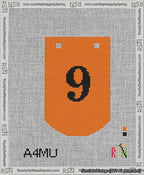 A taped needlepoint canvas with the design: Banner 13 mesh count Curved 9 Black on Orange.