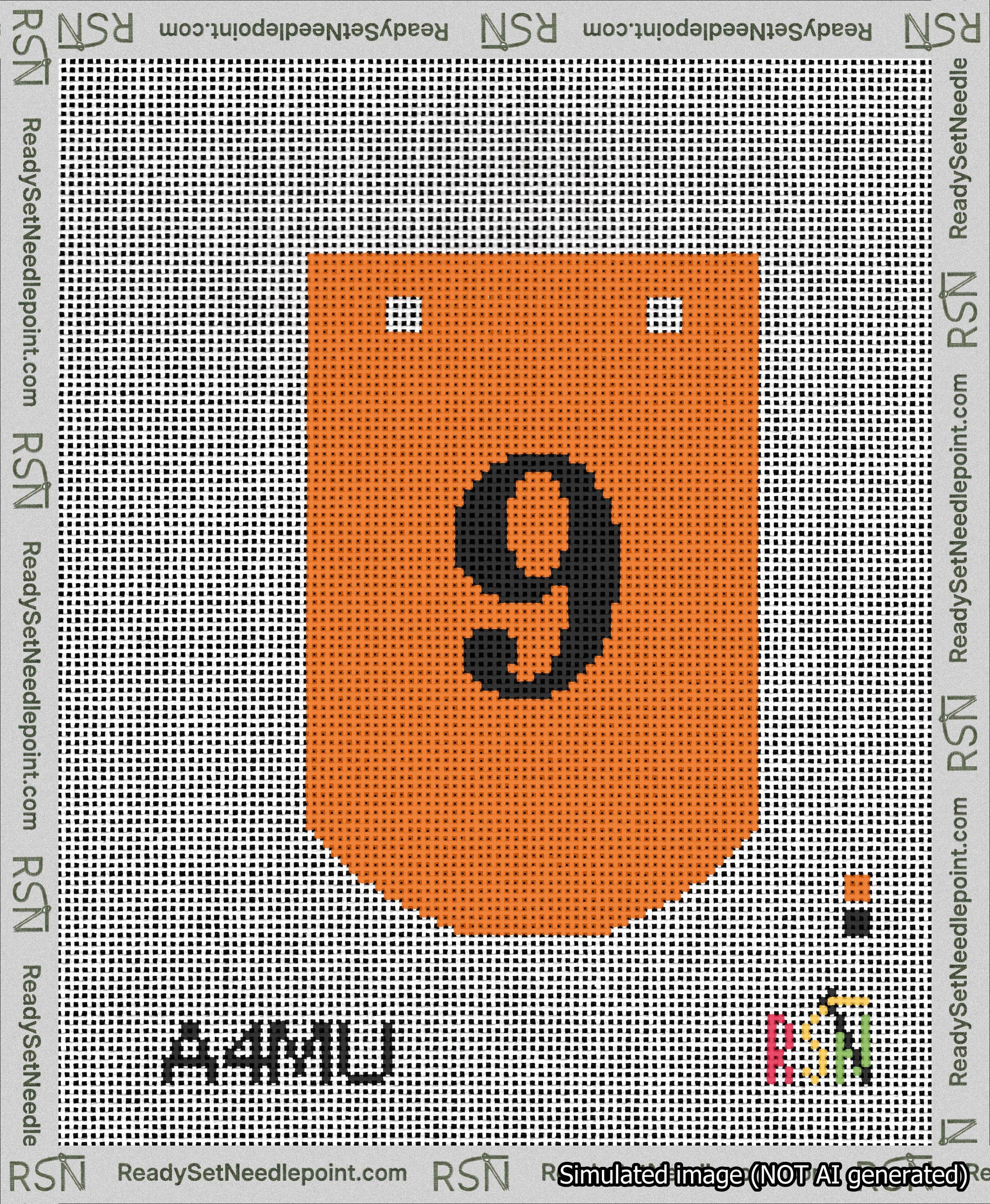 A taped needlepoint canvas with the design: Banner 13 mesh count Curved 9 Black on Orange.