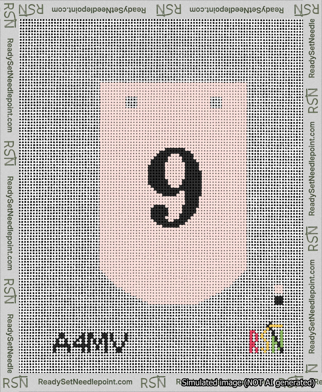 A taped needlepoint canvas with the design: Banner 13 mesh count Curved 9 Black on Pink.