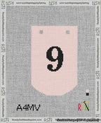 A taped needlepoint canvas with the design: Banner 13 mesh count Curved 9 Black on Pink.