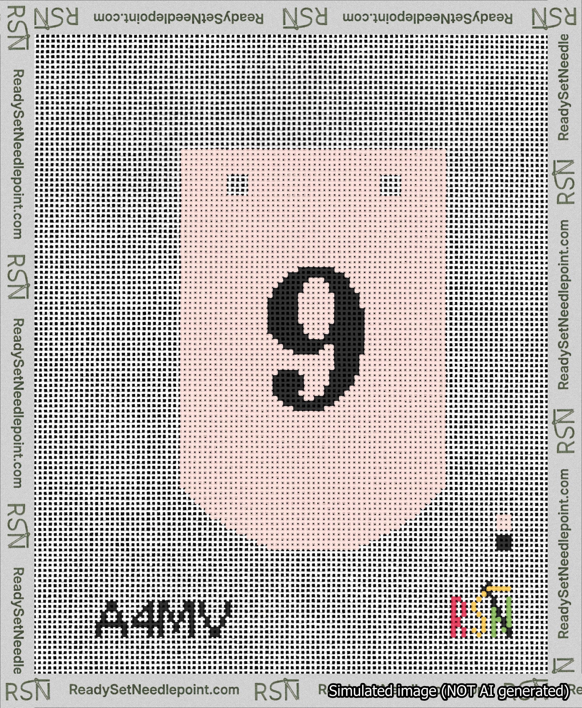 A taped needlepoint canvas with the design: Banner 13 mesh count Curved 9 Black on Pink.