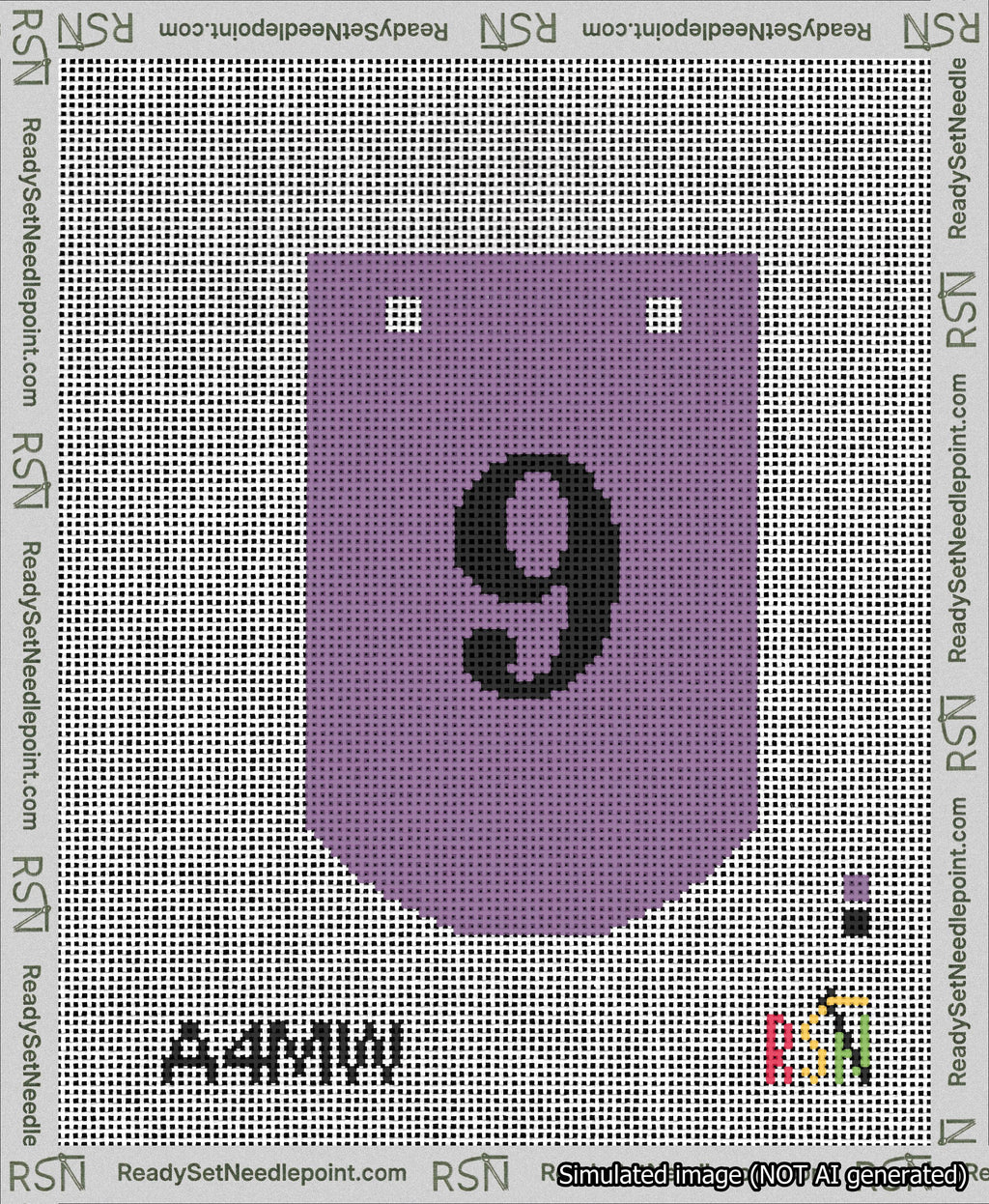 A taped needlepoint canvas with the design: Banner 13 mesh count Curved 9 Black on Purple.