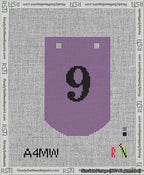 A taped needlepoint canvas with the design: Banner 13 mesh count Curved 9 Black on Purple.