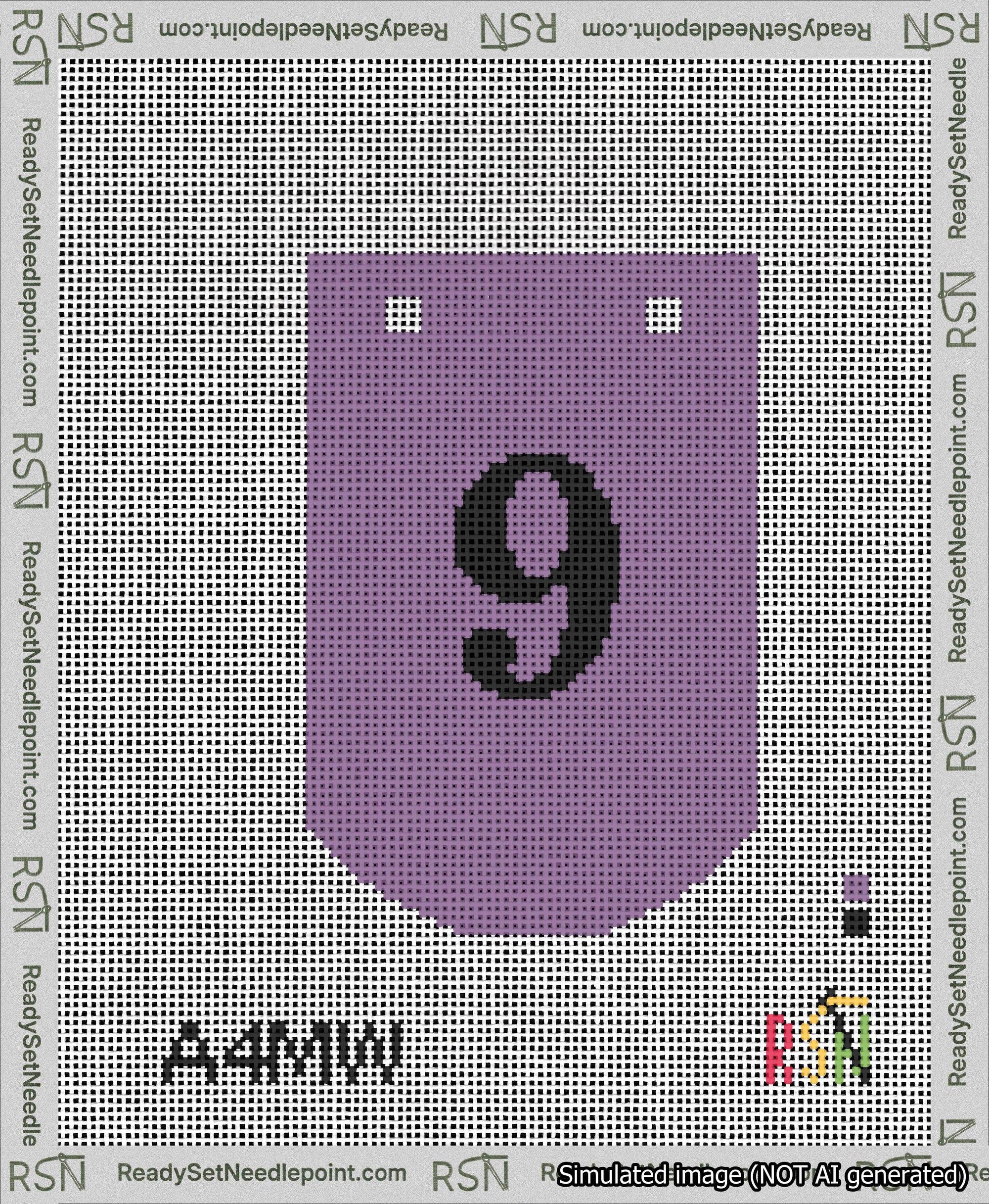 A taped needlepoint canvas with the design: Banner 13 mesh count Curved 9 Black on Purple.