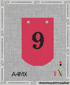 A taped needlepoint canvas with the design: Banner 13 mesh count Curved 9 Black on Red.
