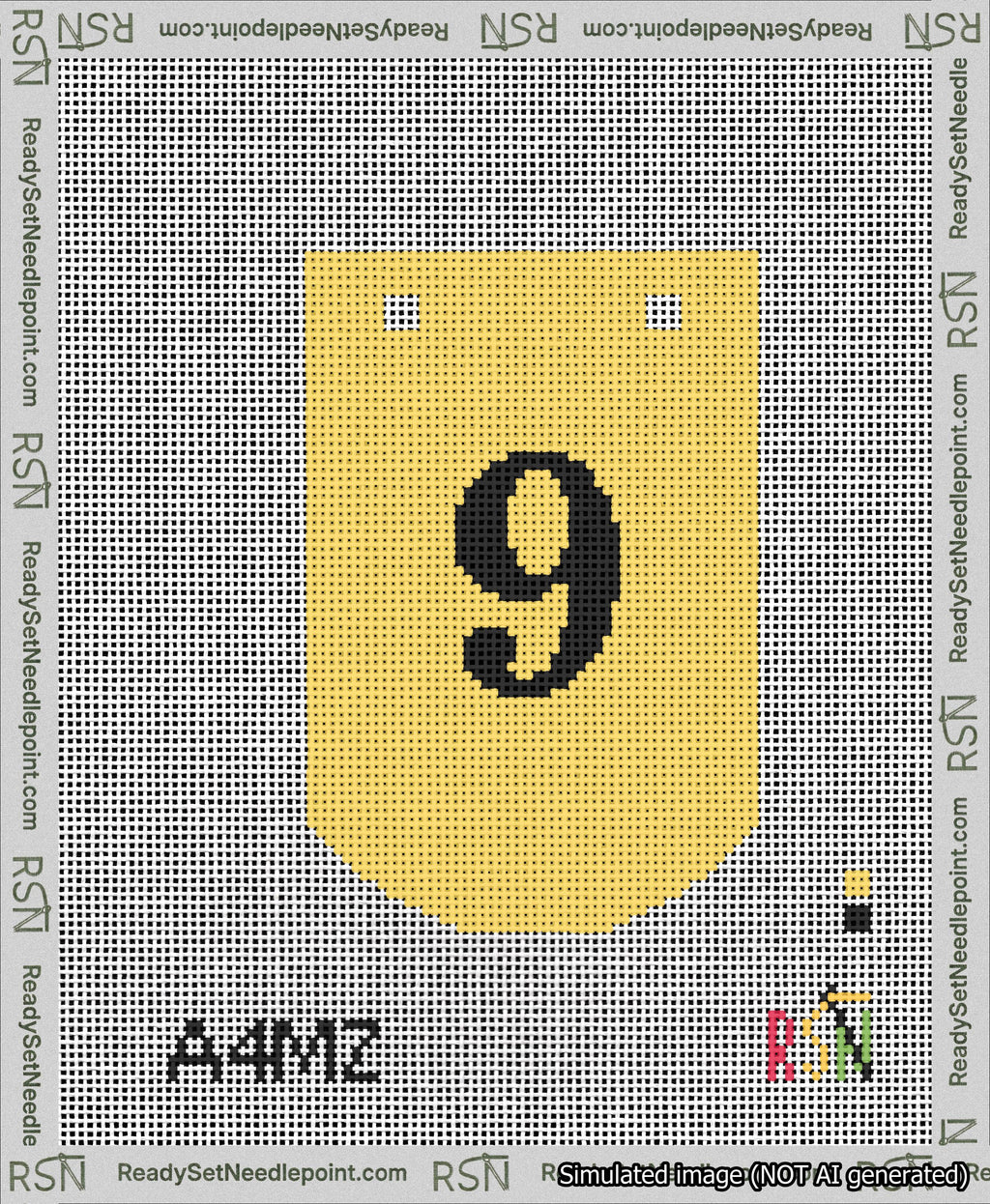 A taped needlepoint canvas with the design: Banner 13 mesh count Curved 9 Black on Yellow.