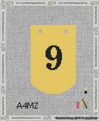 A taped needlepoint canvas with the design: Banner 13 mesh count Curved 9 Black on Yellow.
