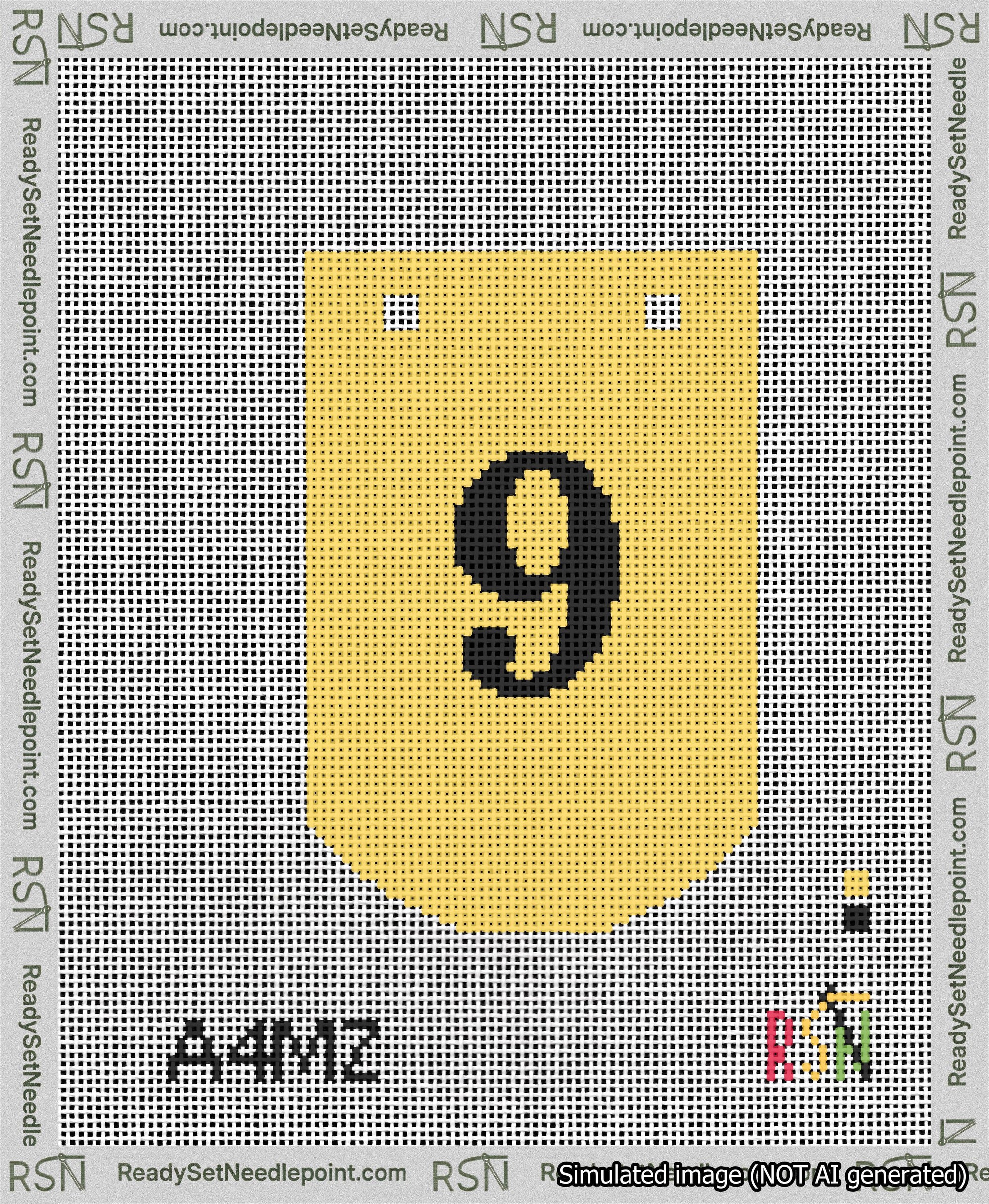 A taped needlepoint canvas with the design: Banner 13 mesh count Curved 9 Black on Yellow.