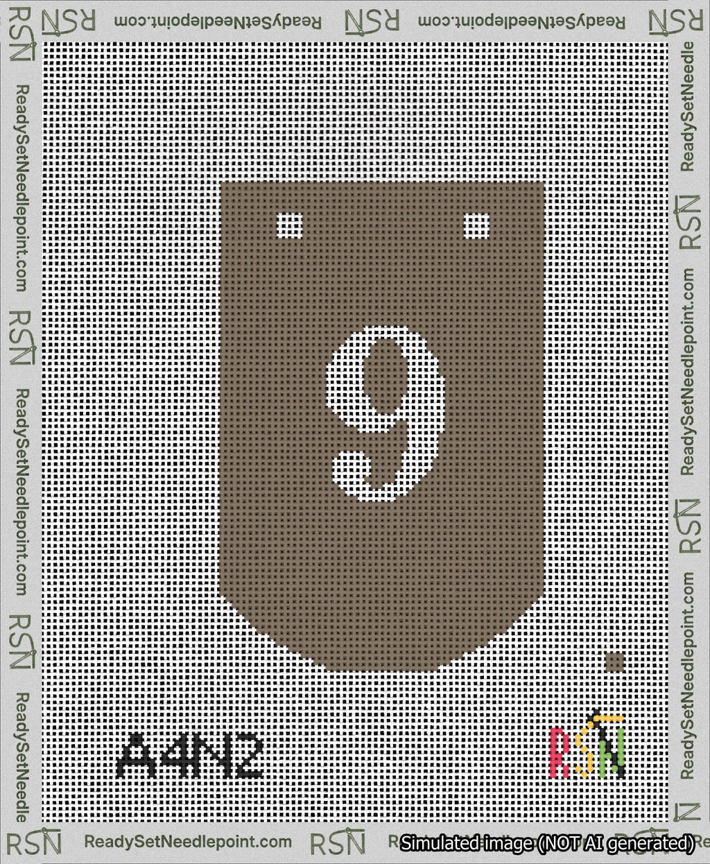 A taped needlepoint canvas with the design: Banner 13 mesh count Curved 9 White on Brown.