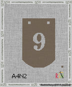 A taped needlepoint canvas with the design: Banner 13 mesh count Curved 9 White on Brown.