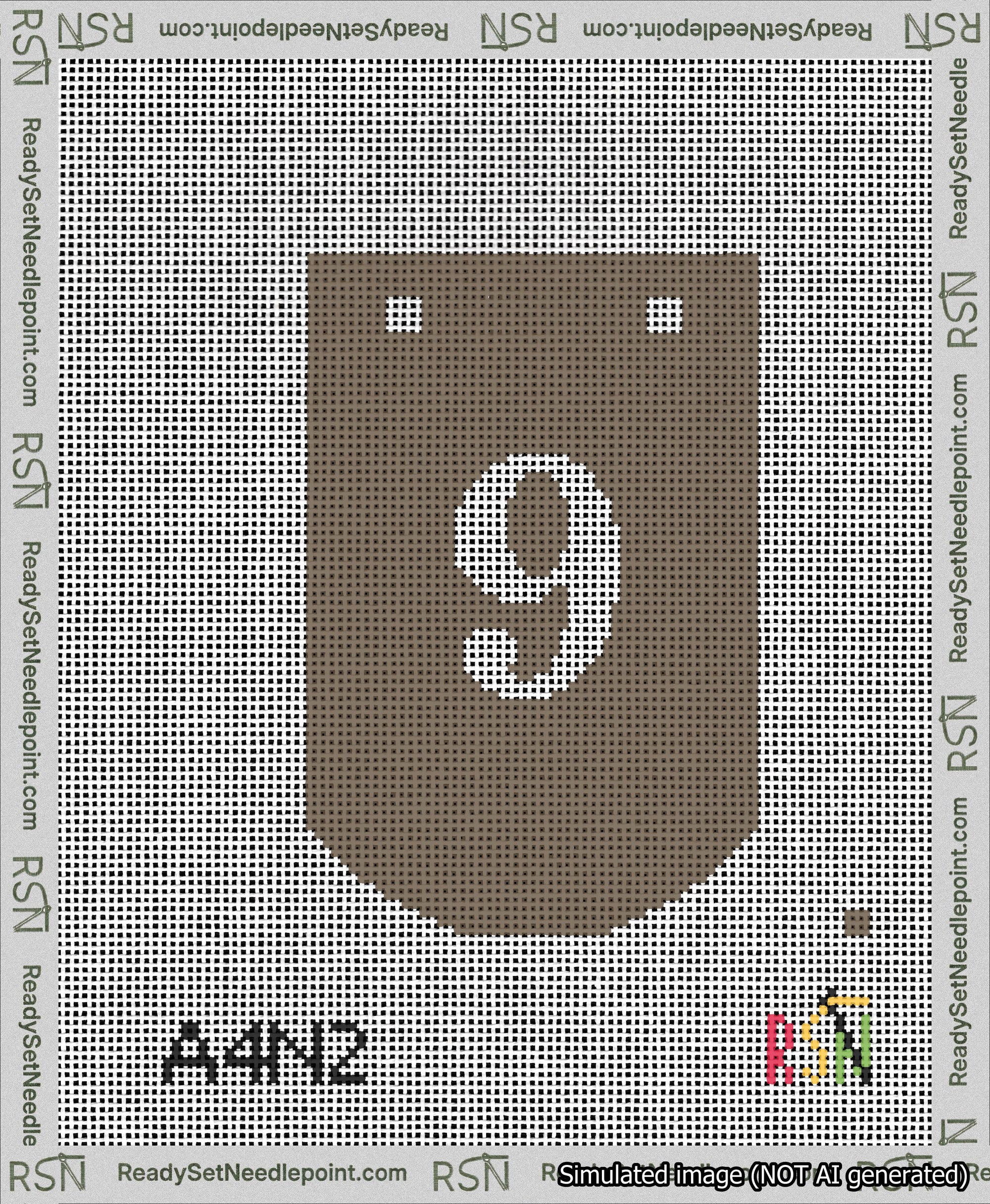 A taped needlepoint canvas with the design: Banner 13 mesh count Curved 9 White on Brown.