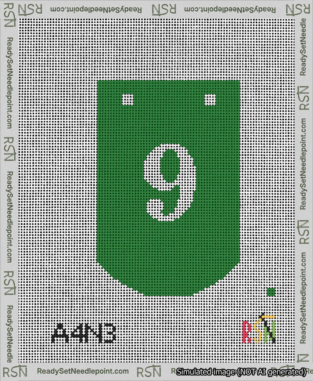 A taped needlepoint canvas with the design: Banner 13 mesh count Curved 9 White on Green.