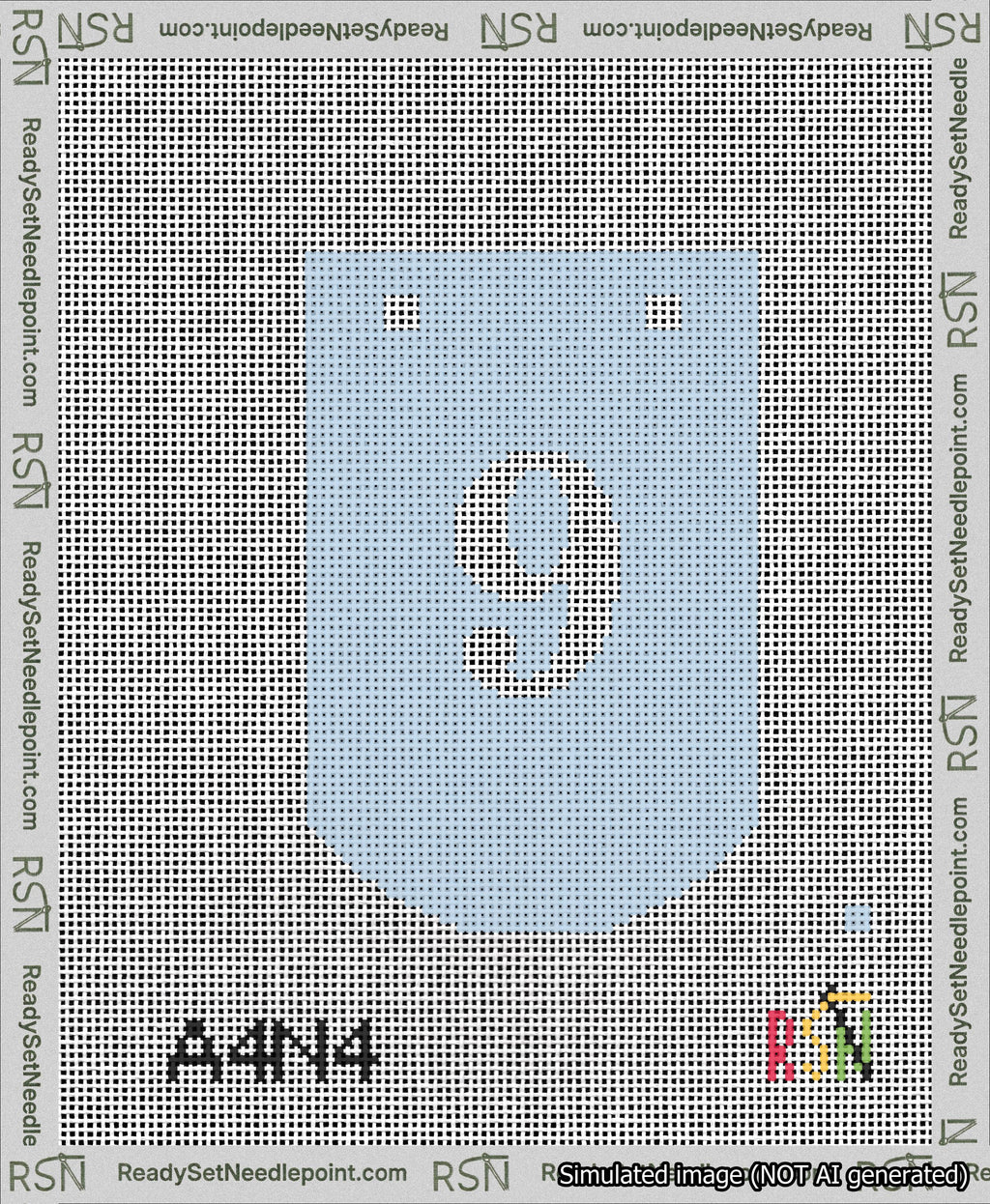 A taped needlepoint canvas with the design: Banner 13 mesh count Curved 9 White on Light Blue.