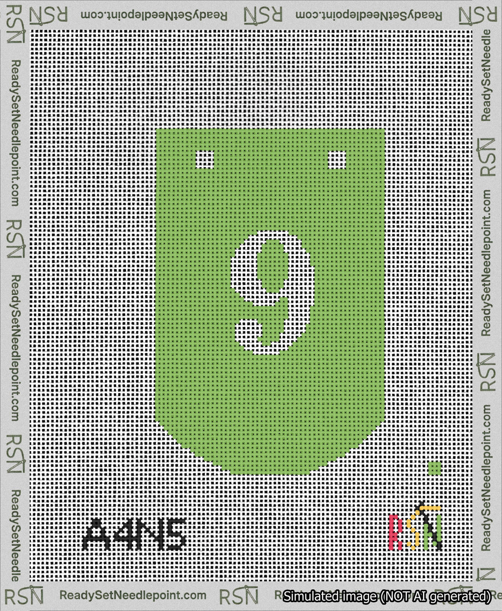 A taped needlepoint canvas with the design: Banner 13 mesh count Curved 9 White on Light Green.