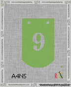 A taped needlepoint canvas with the design: Banner 13 mesh count Curved 9 White on Light Green.