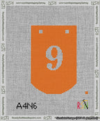 A taped needlepoint canvas with the design: Banner 13 mesh count Curved 9 White on Orange.