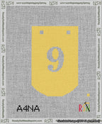 A taped needlepoint canvas with the design: Banner 13 mesh count Curved 9 White on Yellow.